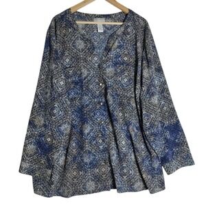 Cathrines Women  Blouse Tunic Shirt 3X Blue Beige Button Down